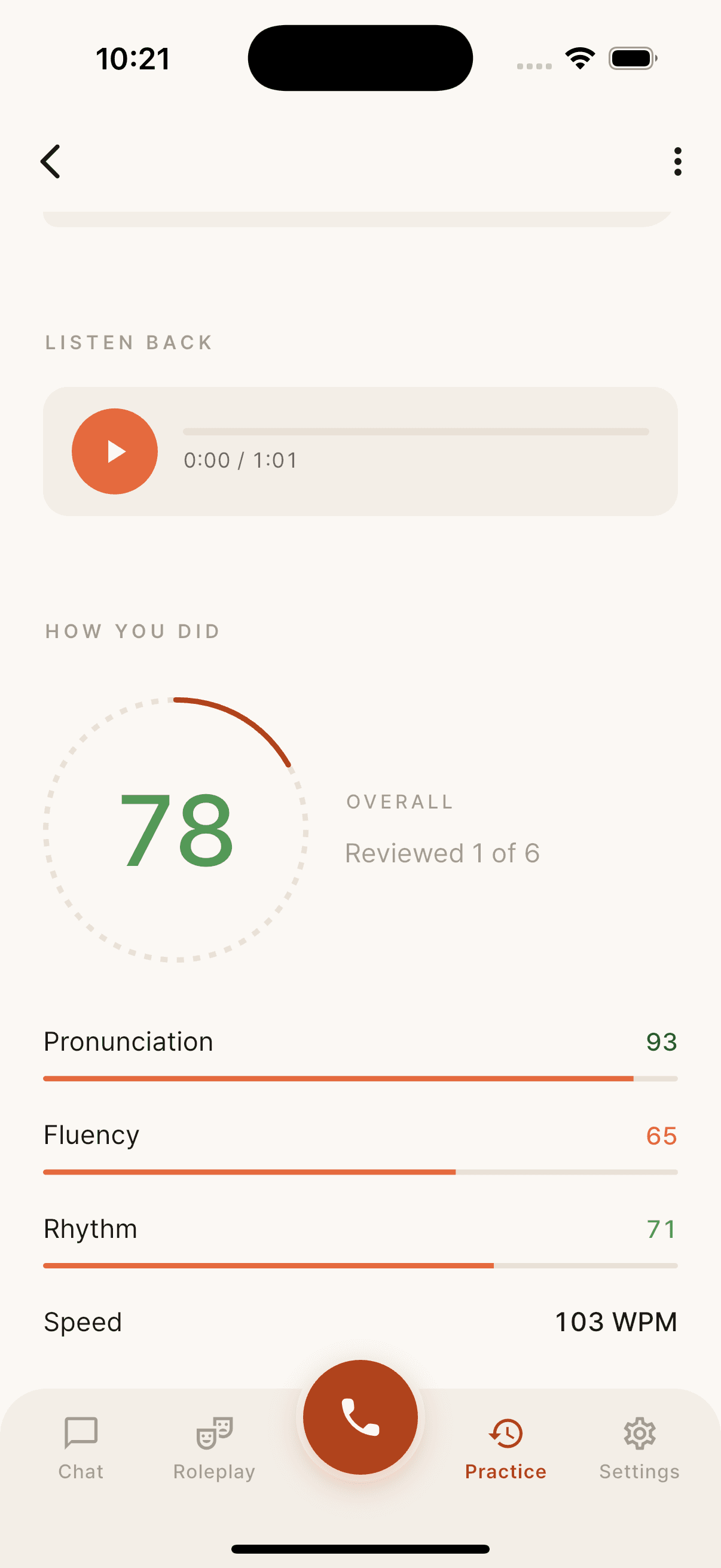 Plus session recap showing Jeremy's real overall score and detailed pronunciation, fluency, rhythm, and speed scores