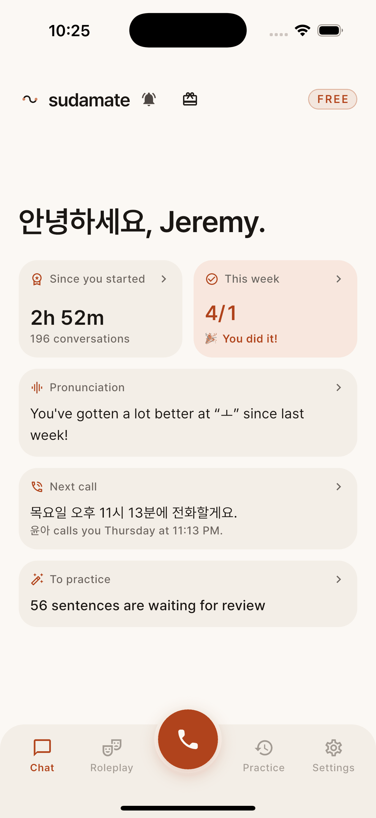 Sudamate Free home showing Jeremy's real conversation history and weekly goal