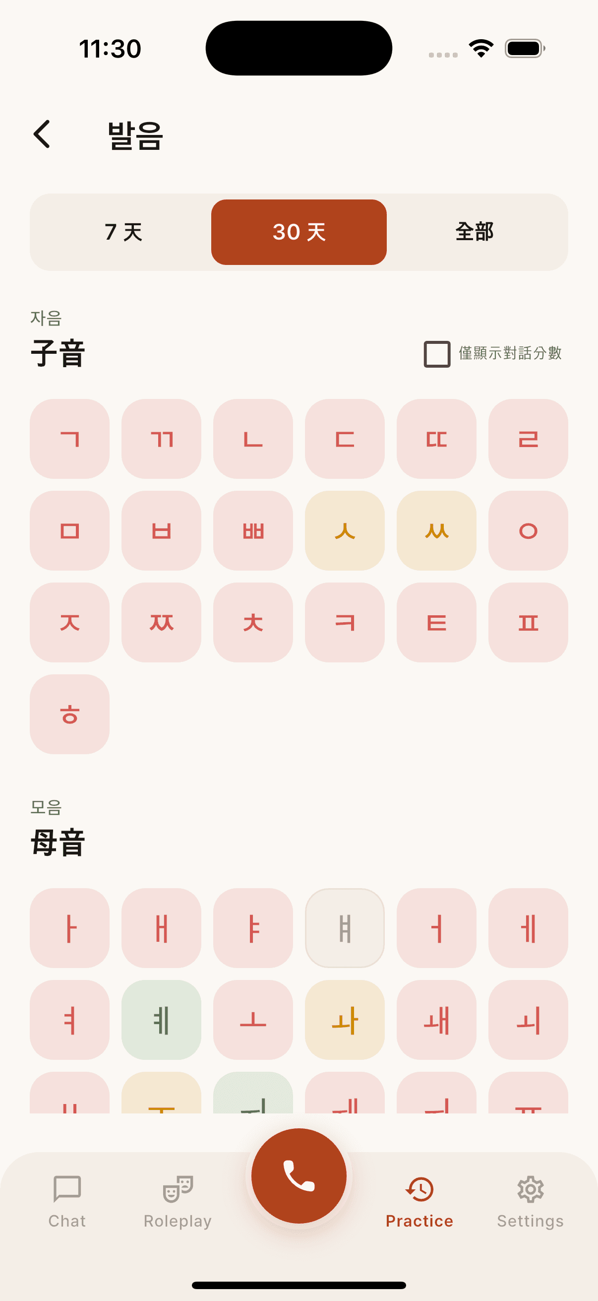 Plus 40音地圖,韓文子音與母音依 Jeremy 的真實評分顯示不同顏色